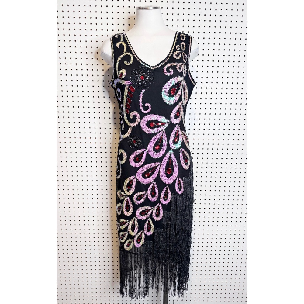 Fundaisy | Black Sequin Flapper Dress 1920s Great Gatsby Costume Set Large